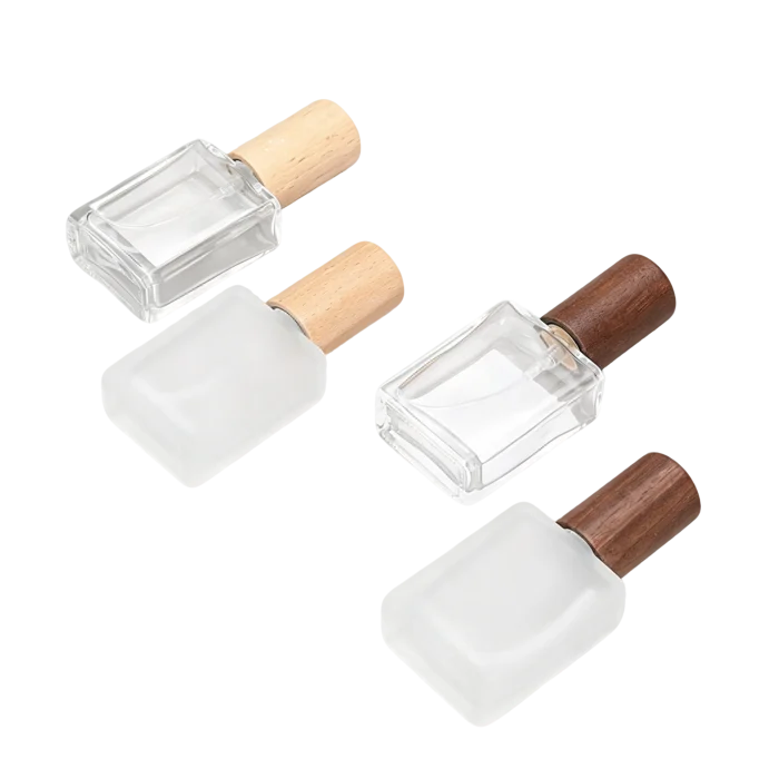 15ml Flat Square Glass Perfume Spray Bottles with Wooden Caps, Clear & Frosted Matte Glass Available - Image 2