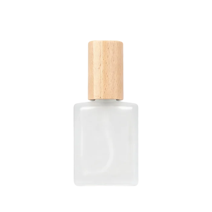 15ml Flat Square Glass Perfume Spray Bottles with Wooden Caps, Clear & Frosted Matte Glass Available - Image 3