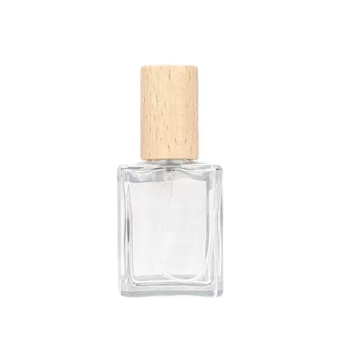 15ml Flat Square Glass Perfume Spray Bottles with Wooden Caps, Clear & Frosted Matte Glass Available - Image 4