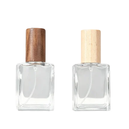 flat square glass perfume bottles wooden caps clear frosted matte 15ml