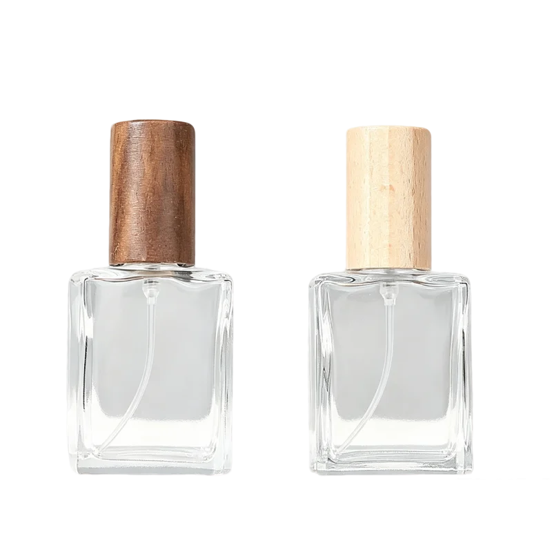 flat square glass perfume bottles wooden caps clear frosted matte 15ml