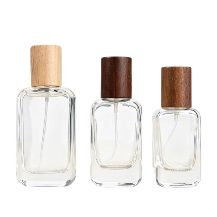 clear square glass perfume bottles wood metal caps 20ml 30ml 50ml