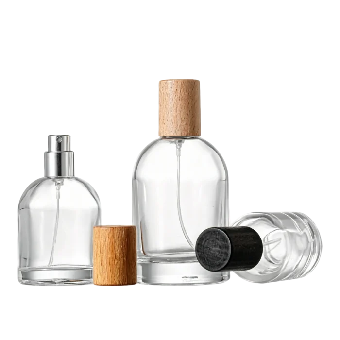 30ml 50ml 100ml Round Clear Glass Perfume Mist Spray Bottles with Wooden Caps - Image 2