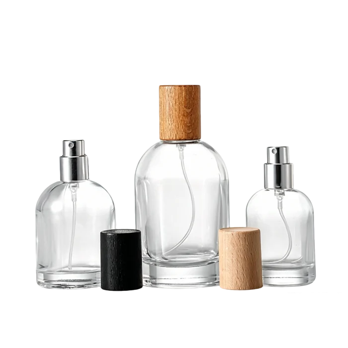 30ml 50ml 100ml Round Clear Glass Perfume Mist Spray Bottles with Wooden Caps - Image 3