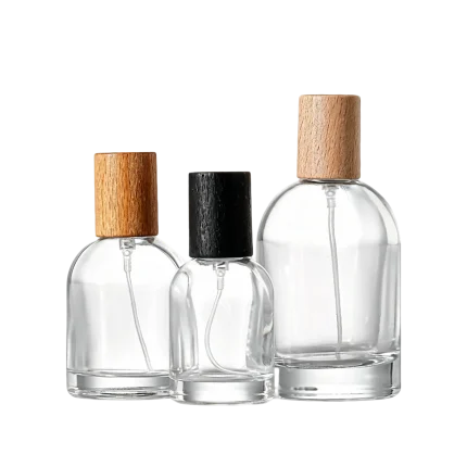 clear glass perfume spray bottles with wooden caps 30ml 50ml 100ml