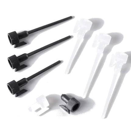 Black and natural/clear plastic dabber caps with applicator sticks for glass sample vials