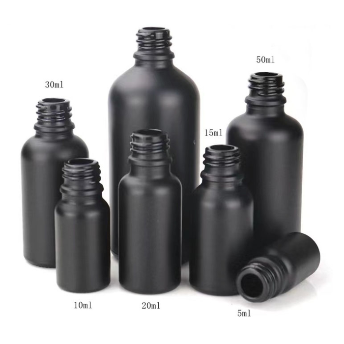 18mm frosted black glass bottle, capacities 5ml to 100ml