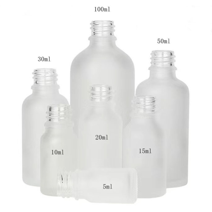 18mm frosted clear glass bottle, capacities 5ml to 100ml