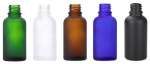 18mm neck frosted glass bottles in five colors: amber, blue, green, clear, black, capacities 5ml-100ml