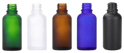 18mm neck frosted glass bottles in five colors: amber, blue, green, clear, black, capacities 5ml-100ml