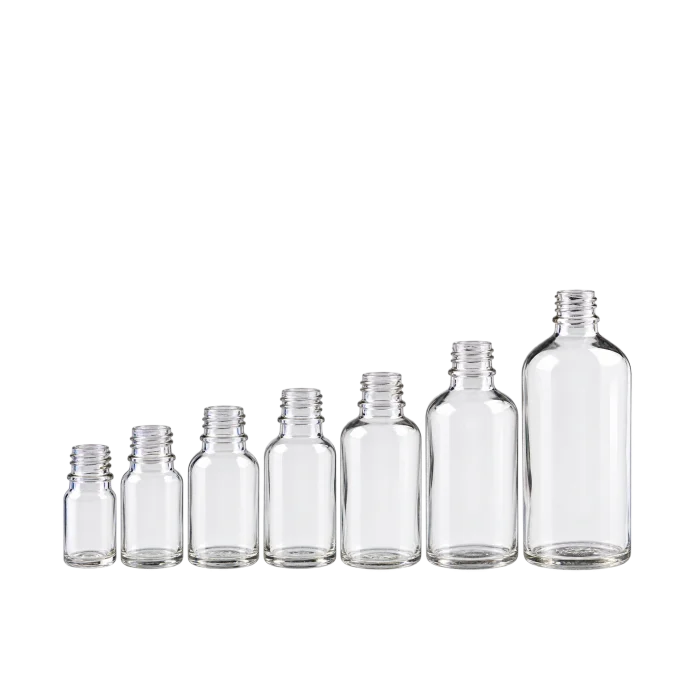 Clear 18mm glass essential oil bottles from 5ml to 100ml