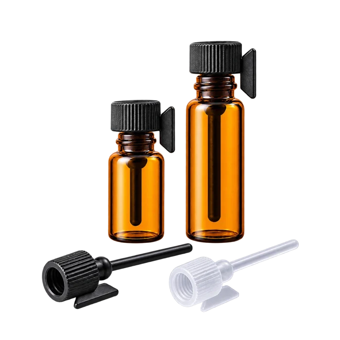 Amber glass sample vials in 1ml and 2ml with black applicator caps