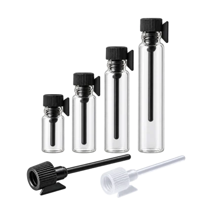 Clear glass sample vials from 0.5ml to 3ml with black applicator caps