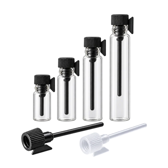 Clear glass sample vials from 0.5ml to 3ml with black applicator caps
