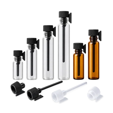 0.5ml to 3ml glass sample vials in clear and amber with applicator caps