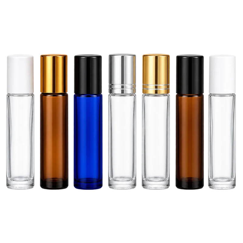 10 ml roll-on bottle configurations in amber, blue, and clear glass