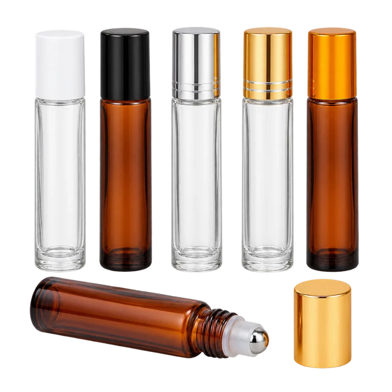 10 ml roll-on bottle configurations in amber, blue, and clear glass