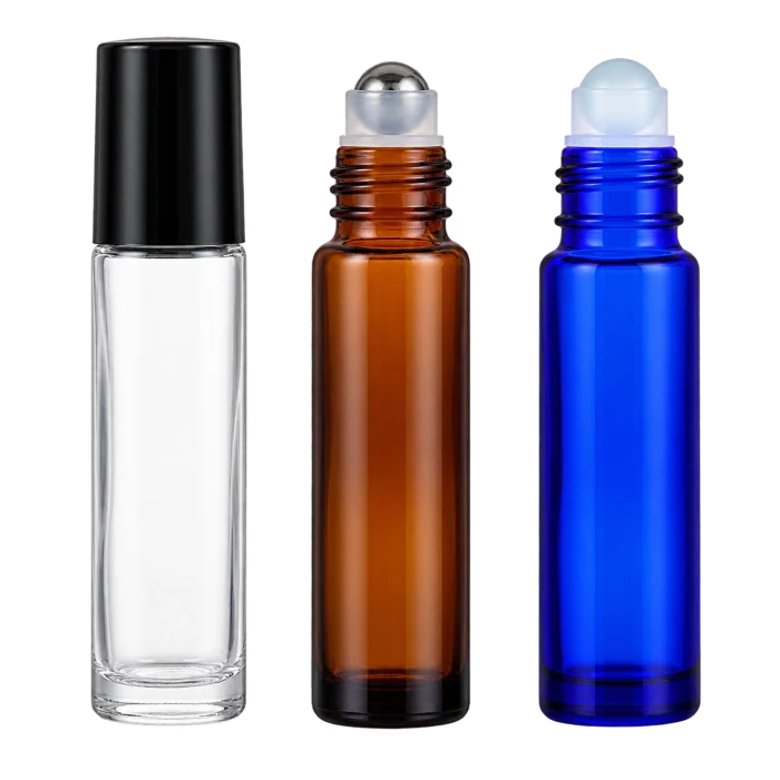 10 ml roll-on bottle configurations in amber, blue, and clear glass
