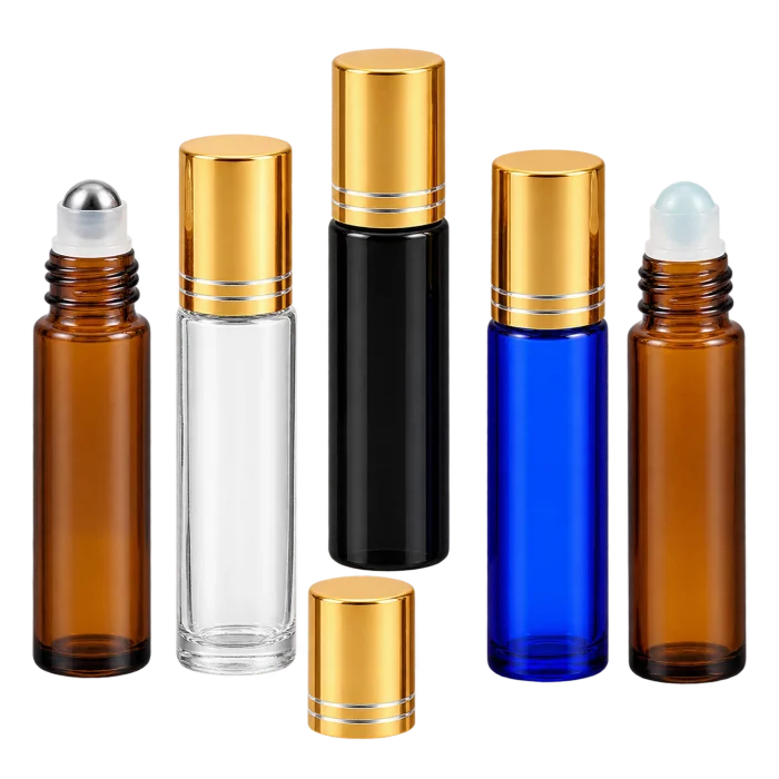 10 ml roll-on bottle configurations in amber, blue, and clear glass