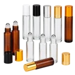 10 ml roll-on bottle configurations in amber, blue, and clear glass