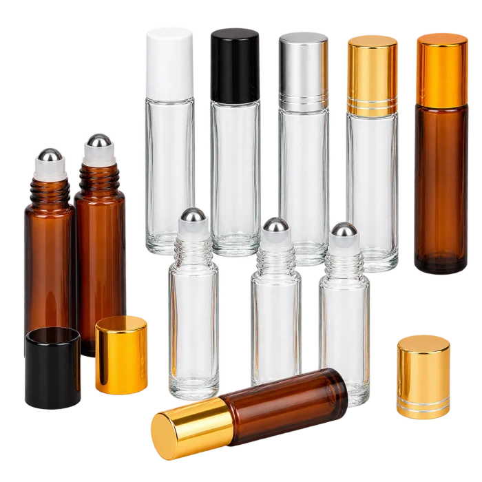 10 ml roll-on bottle configurations in amber, blue, and clear glass