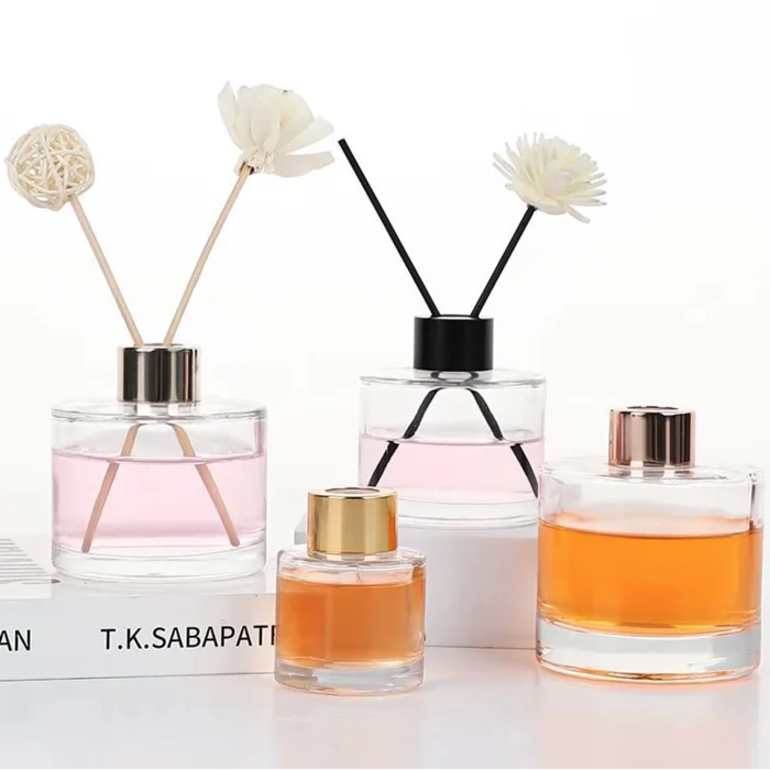 Cylindrical glass diffuser bottles with Gold, Silver and Black cap options