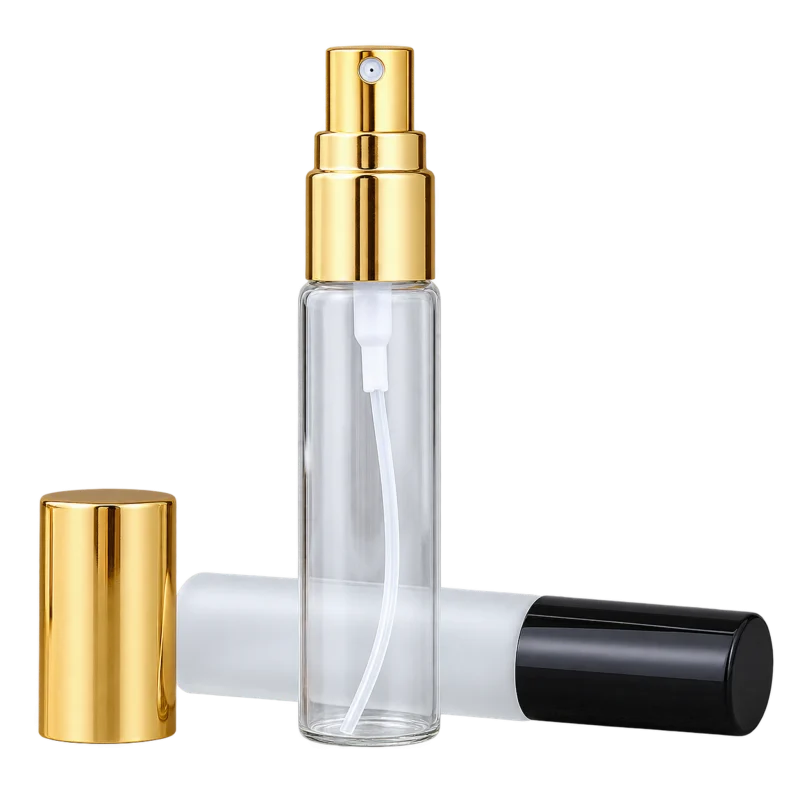 Glass spray bottles with black, silver, and gold aluminum sprayers