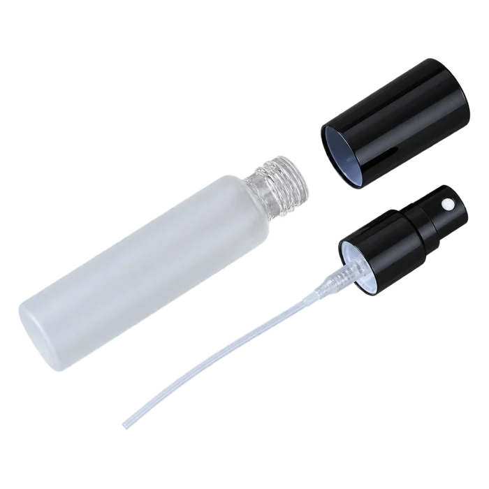Glass spray bottles with black, silver, and gold aluminum sprayers