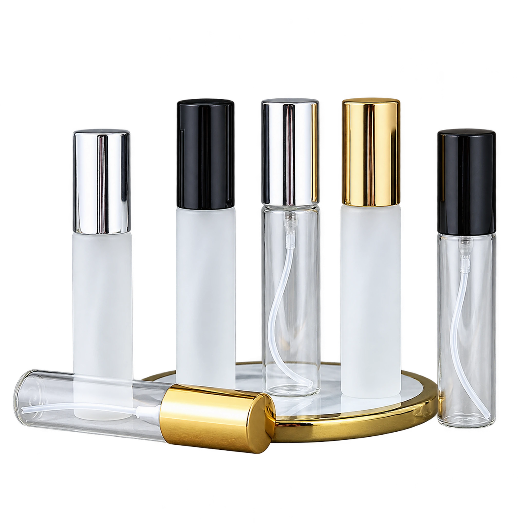 Glass spray bottles with black, silver, and gold aluminum sprayers