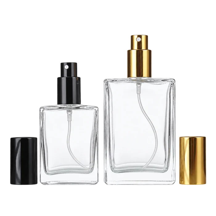 Clear glass spray bottles with black and gold sprayer options