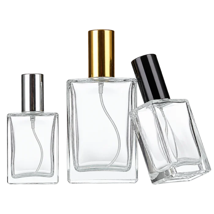 Clear glass spray bottles with silver, gold and black sprayers