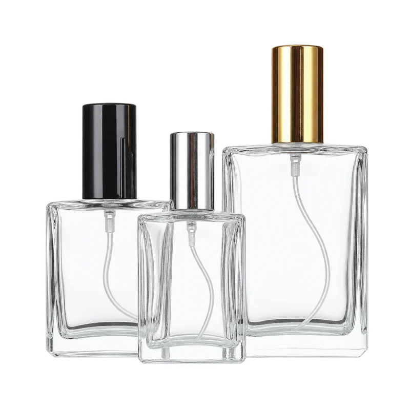 Clear glass spray bottles with black, silver and gold sprayers