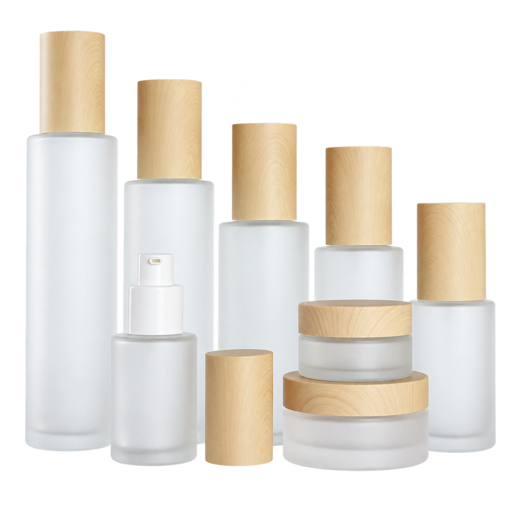 Frosted glass bottles and cream jars with woodgrain caps