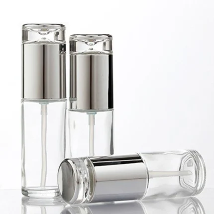 30ml to 100ml glass pump bottles with gold or silver pumps in clear and frosted finishes