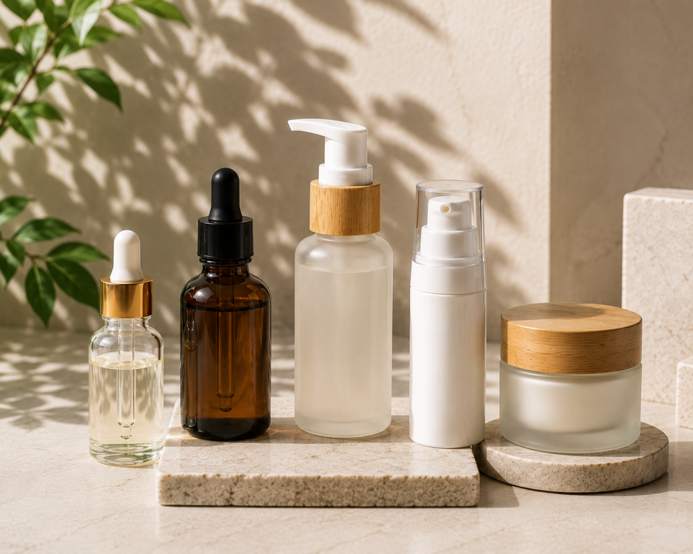 Assorted cosmetic packaging bottles and jars in a clean studio setting