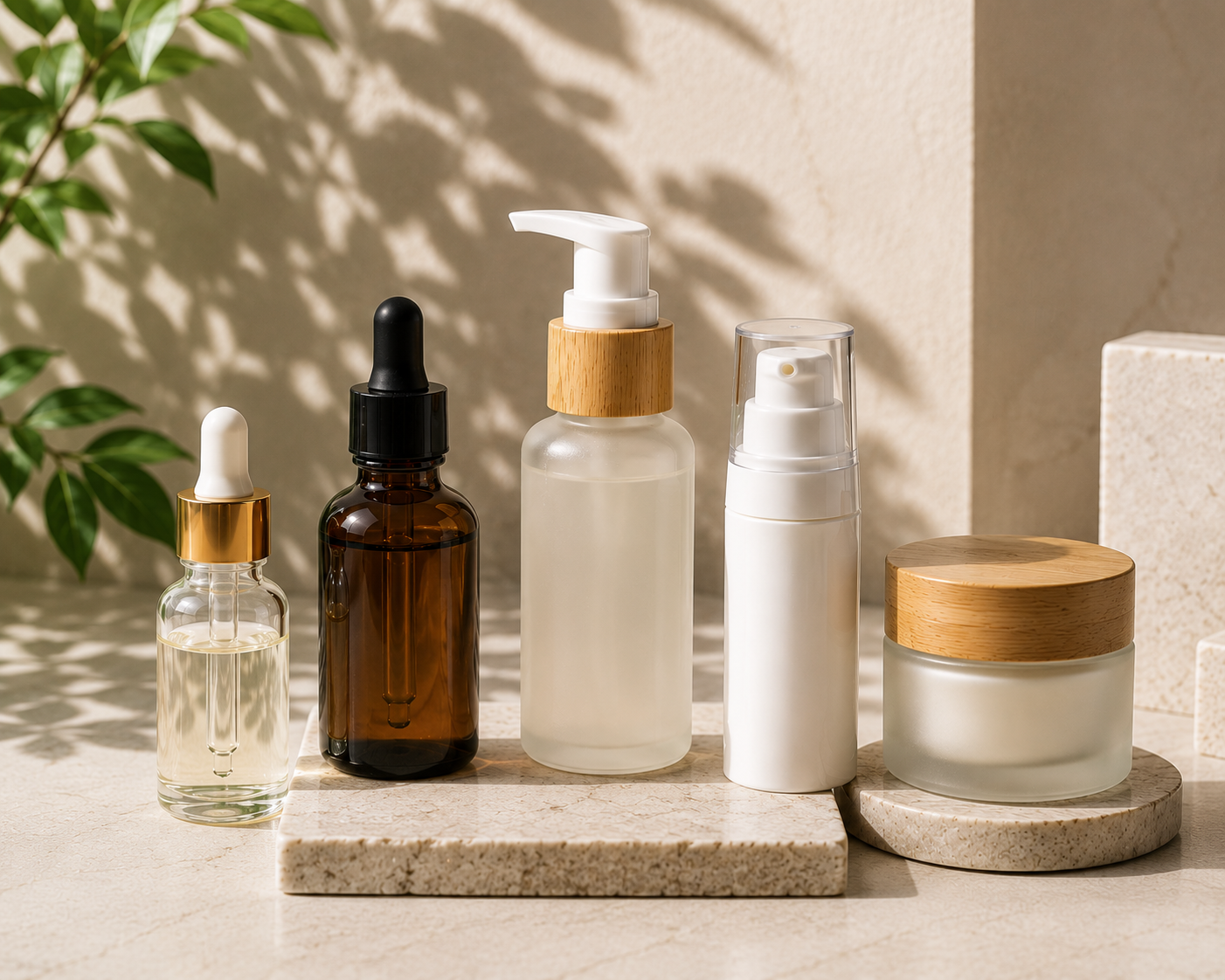 Assorted cosmetic packaging bottles and jars in a clean studio setting