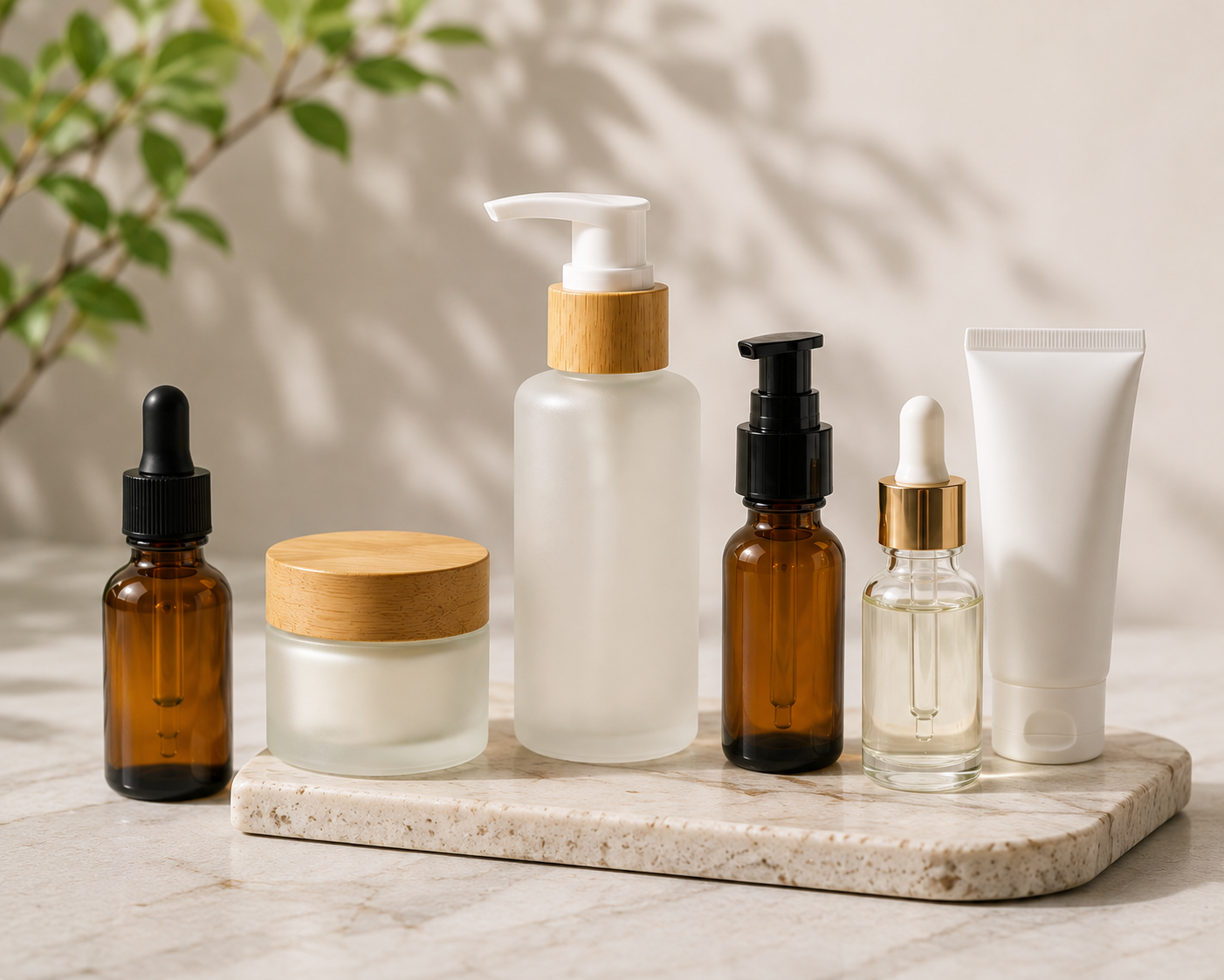 Cosmetic packaging bottles jars and components arranged to illustrate component-level MOQ decisions