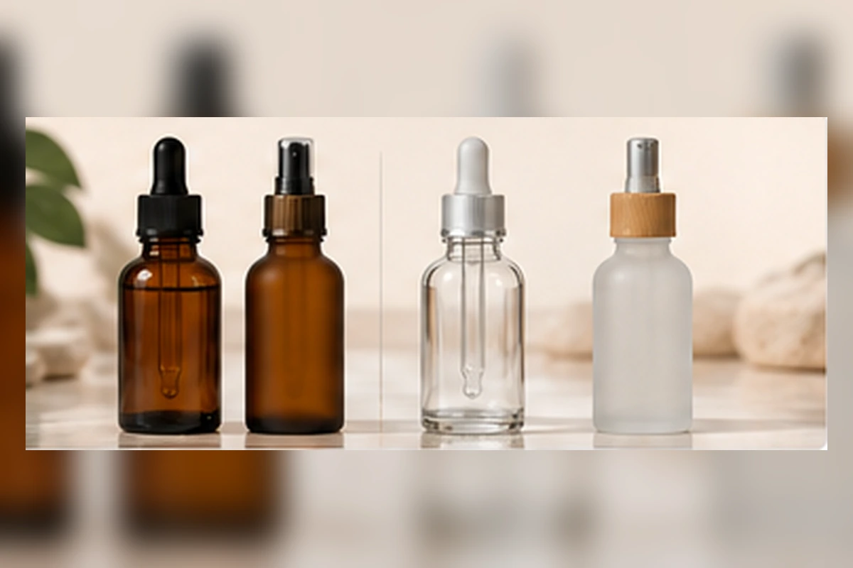 Amber clear and frosted glass bottle finish options for skincare packaging