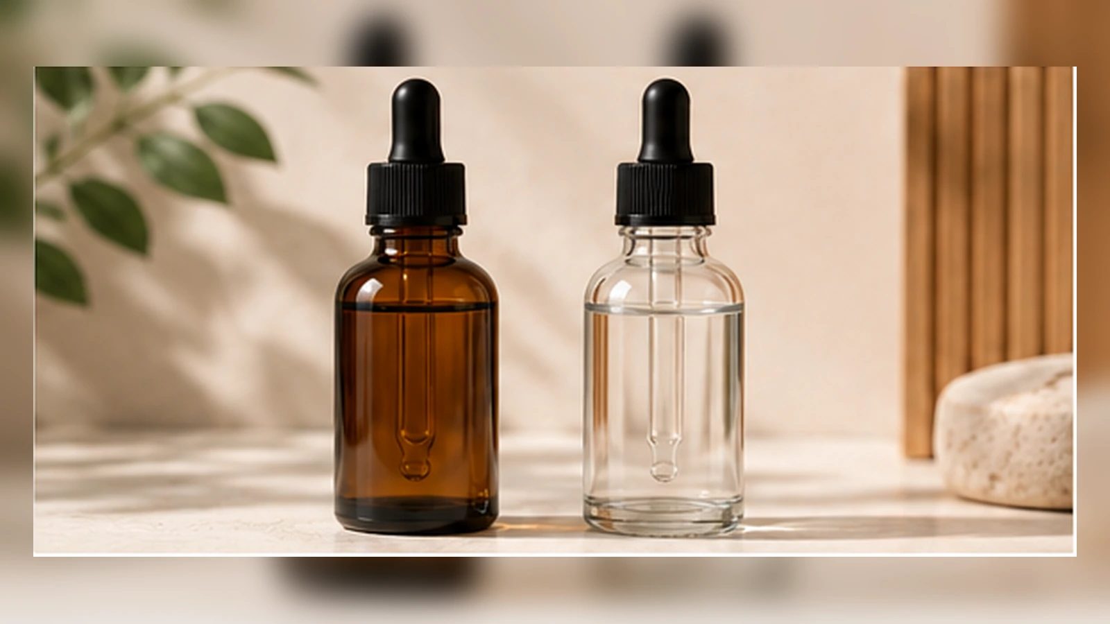 Amber and clear glass dropper bottles for skincare packaging