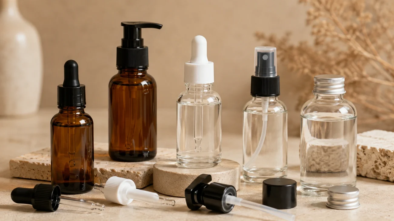 Cosmetic bottles with dropper pump sprayer and cap closure options