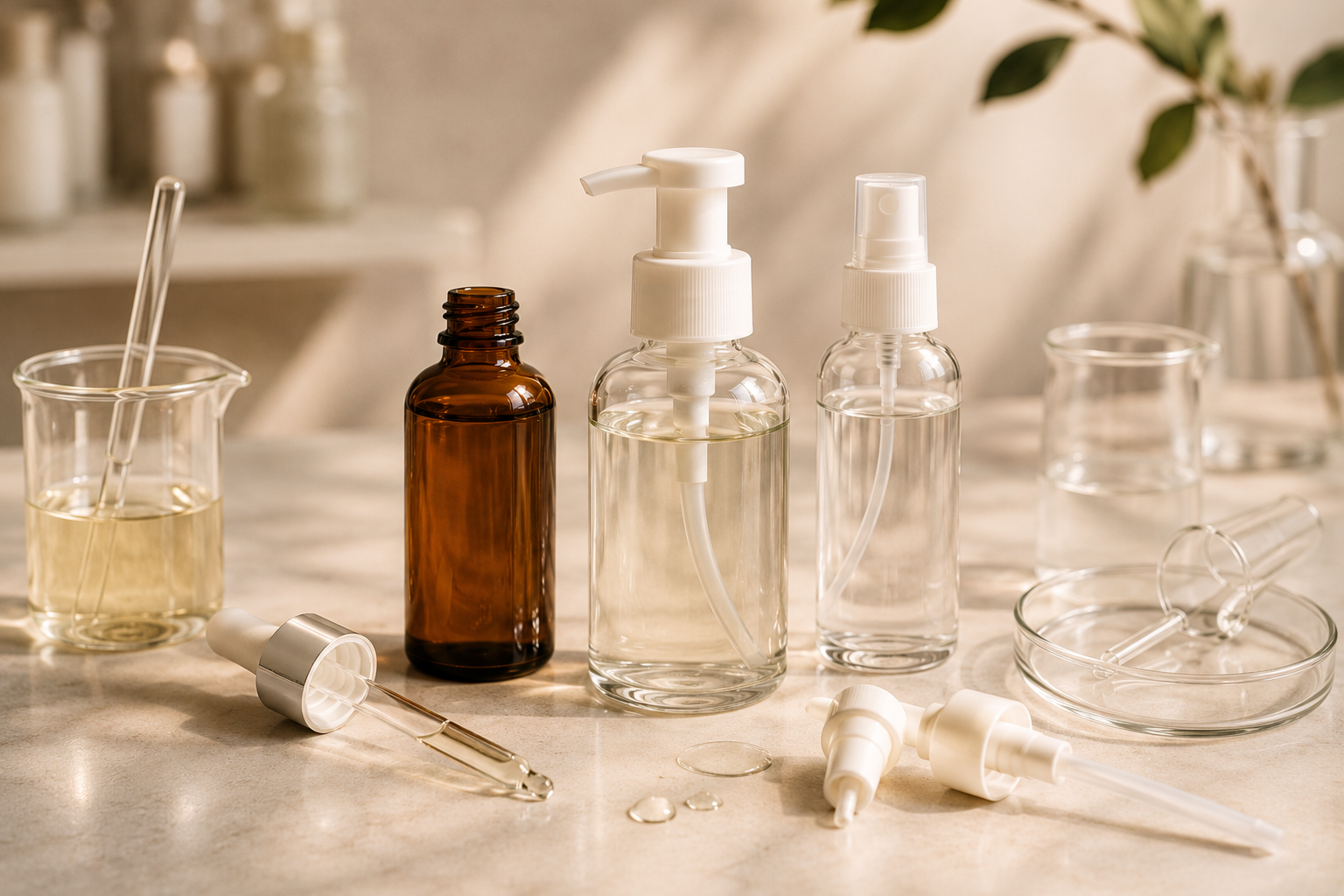 Cosmetic bottles and dispensing components prepared for formula compatibility testing