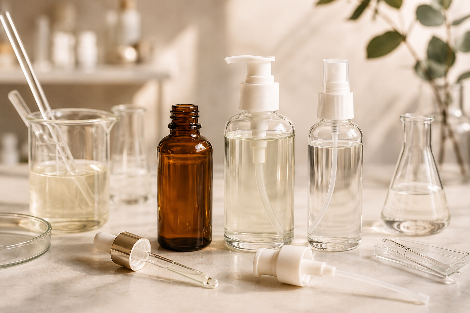 Cosmetic packaging compatibility testing with bottles pumps droppers and laboratory glassware