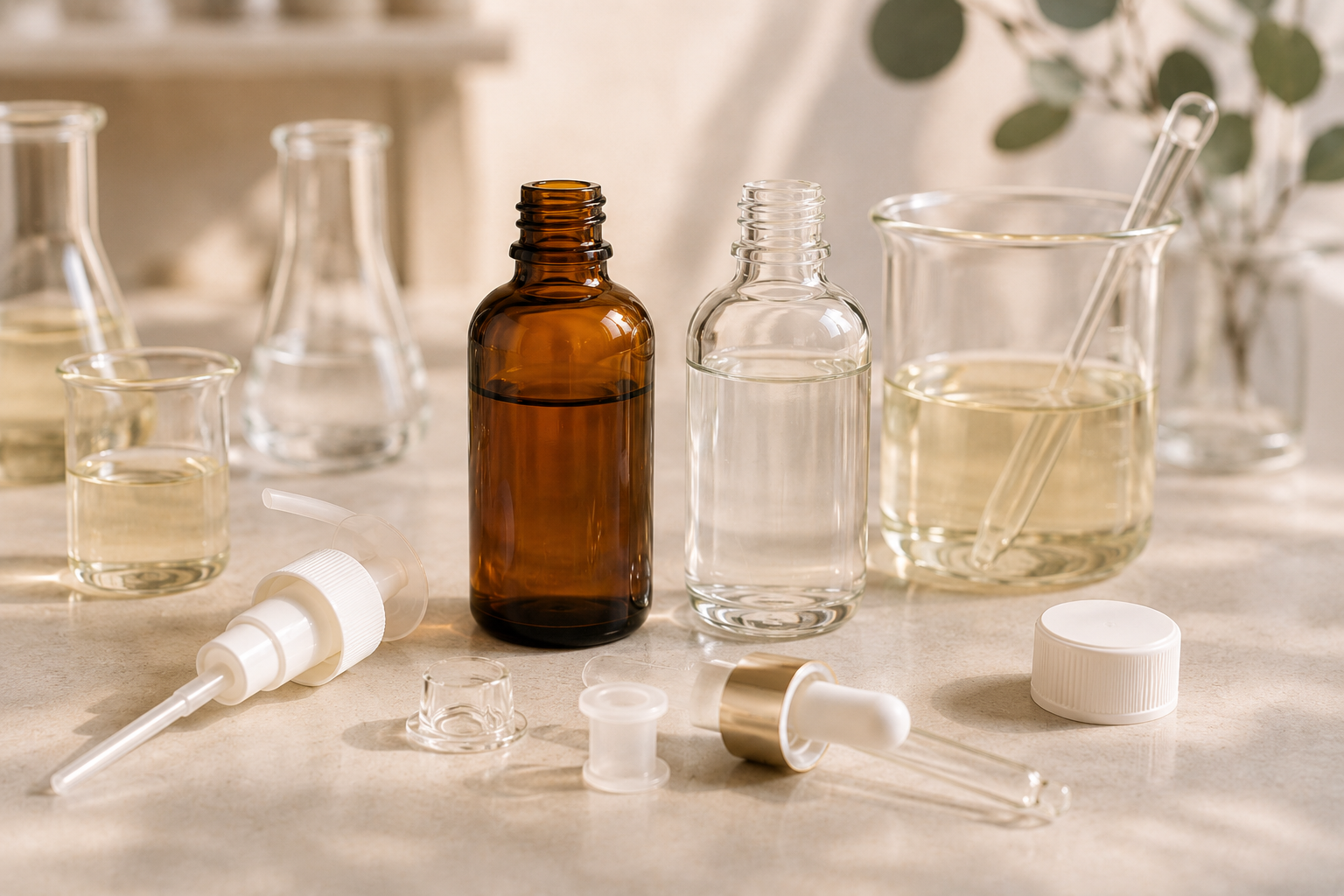 Amber and clear cosmetic bottles with laboratory samples for packaging stability testing