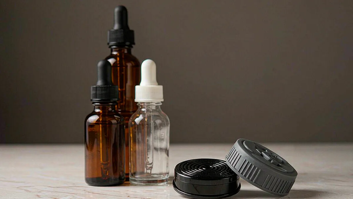 Assorted child-resistant cosmetic closure caps beside amber and clear glass skincare dropper bottles, studio product shot