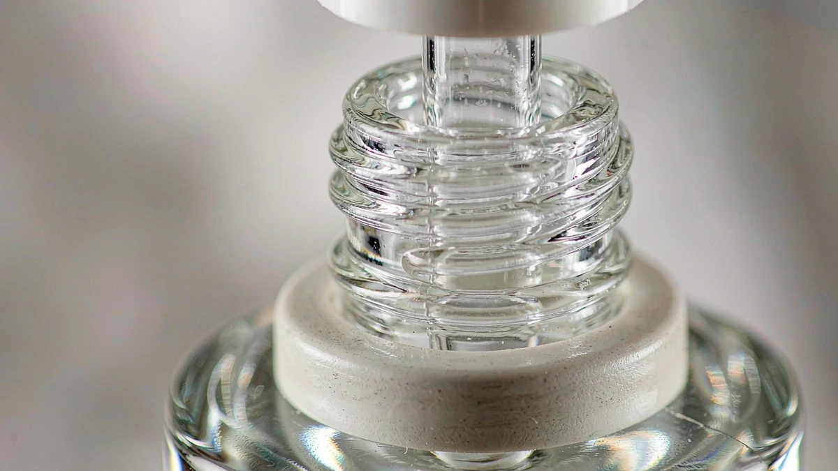 Macro of a cosmetic bottle neck thread meeting a pump collar and a glass dropper cap, showing the closure mating interface of a 24/410 finish