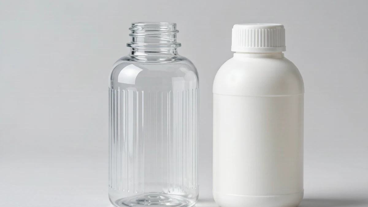 Macro of a clear rPET cosmetic bottle and an opaque rHDPE bottle side by side showing the clarity difference between recycled resin types