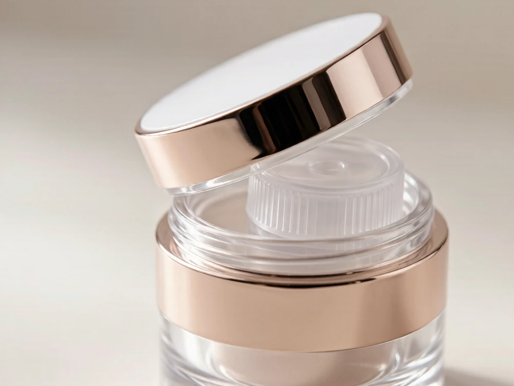 Macro of a single refillable glass cosmetic jar with a removable inner refill insert, showing the reusable mechanism