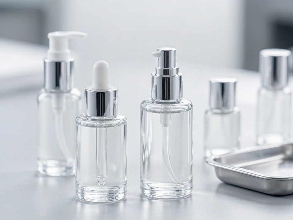 Glass cosmetic bottles with dropper and pump closures on a quality-inspection table