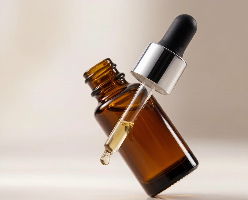 Amber dropper bottle releasing an essential oil drop