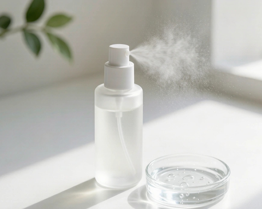 Fine mist sprayer bottle releasing a soft mist beside skincare toner